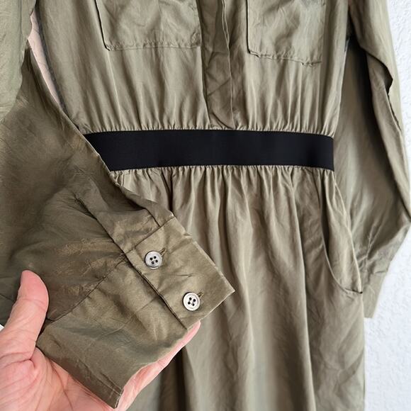 Theory Olive Green SILK Utility Shirt Dress Size 2 Preppy Button Front Mini - Picture 4 of 10